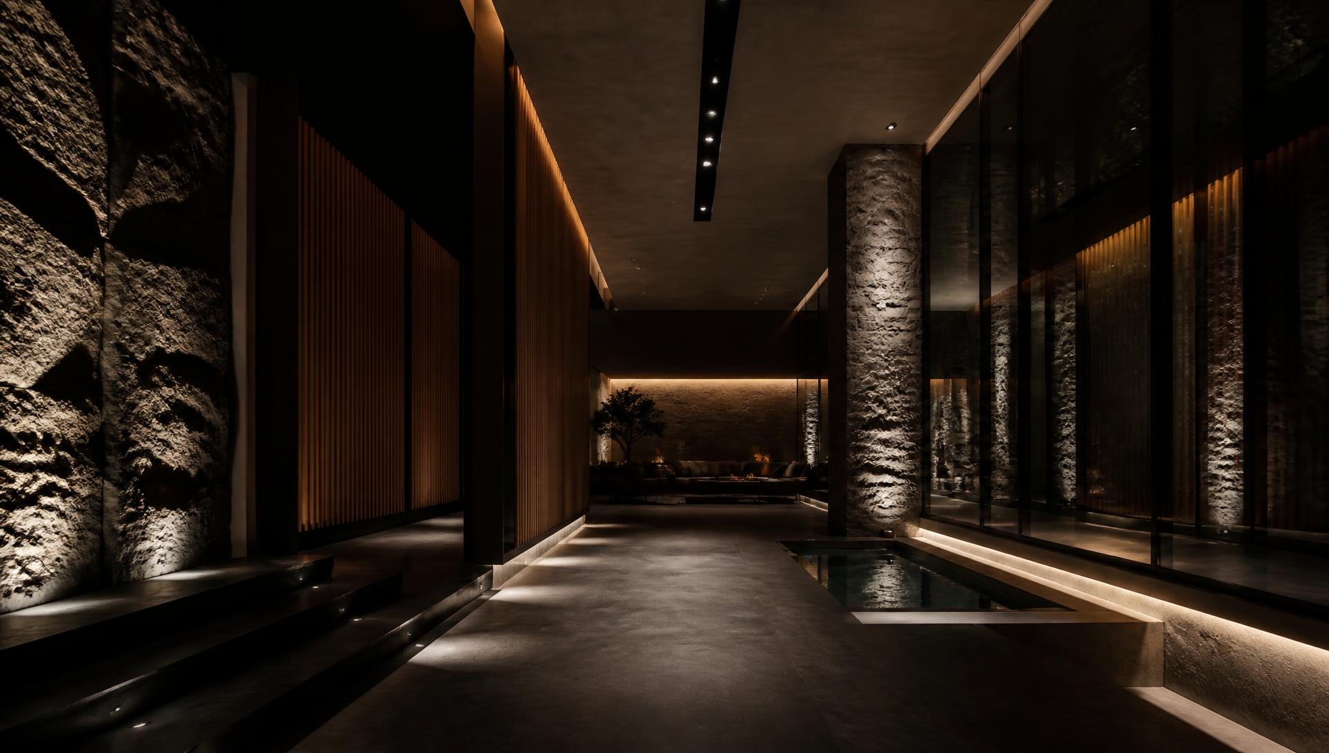 Luxury architectural interior at night illuminated by BRIIX recessed, linear and wall-washing lighting