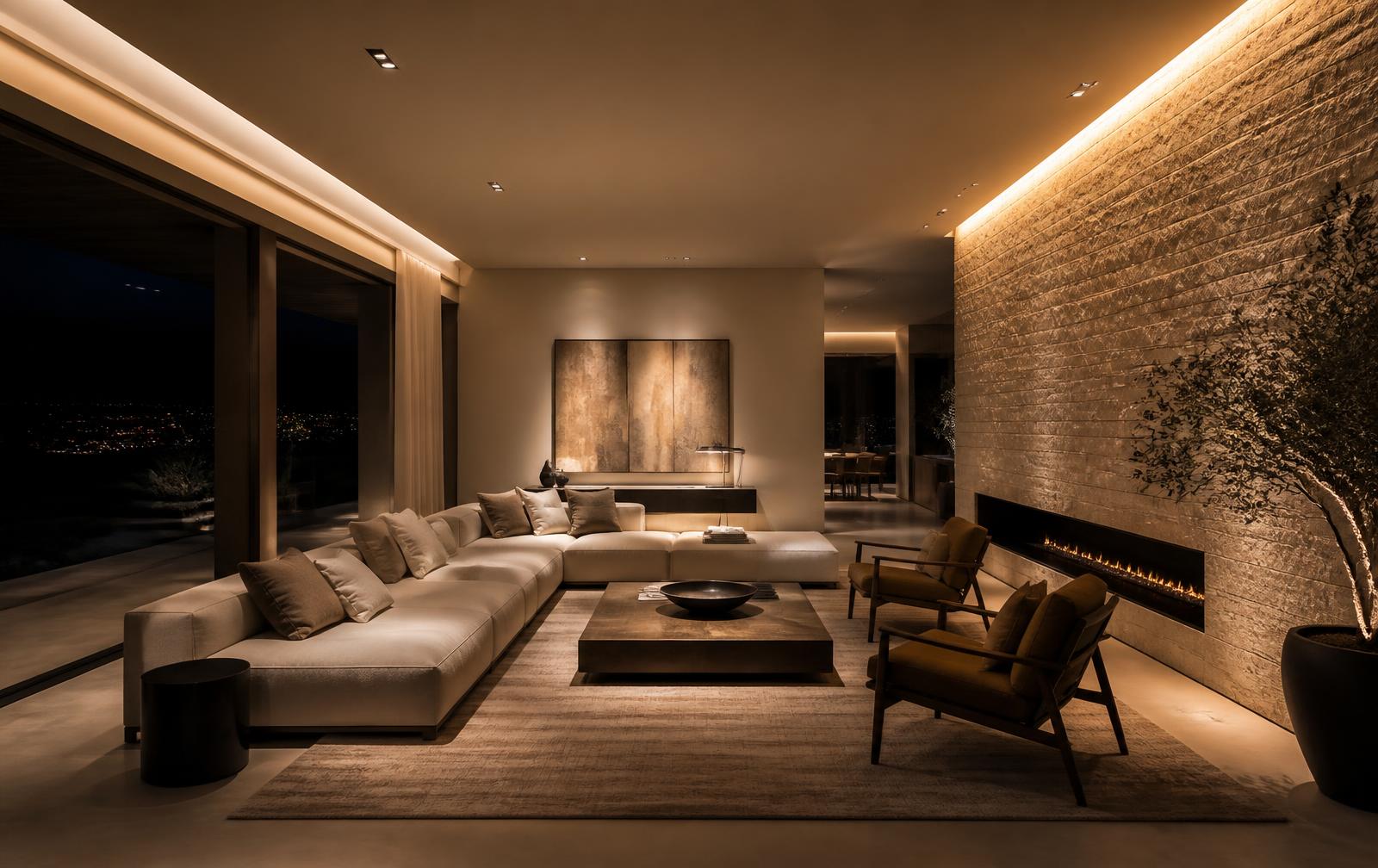 The same living room transformed by BRIIX ambient, accent and wall-washing lighting
